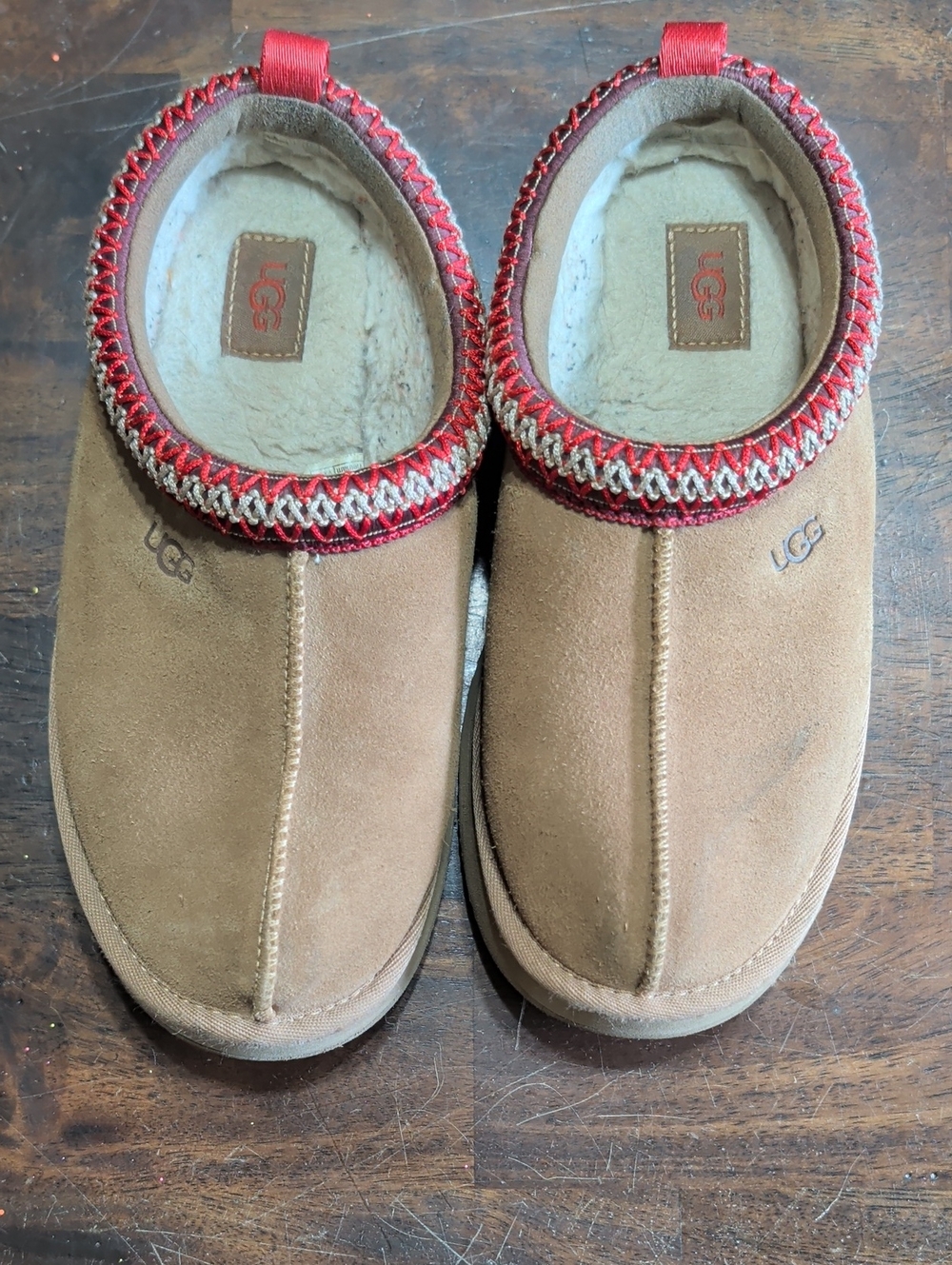 UGG Size 3 Chestnut Suede Slip-On Shoes with Red Trim